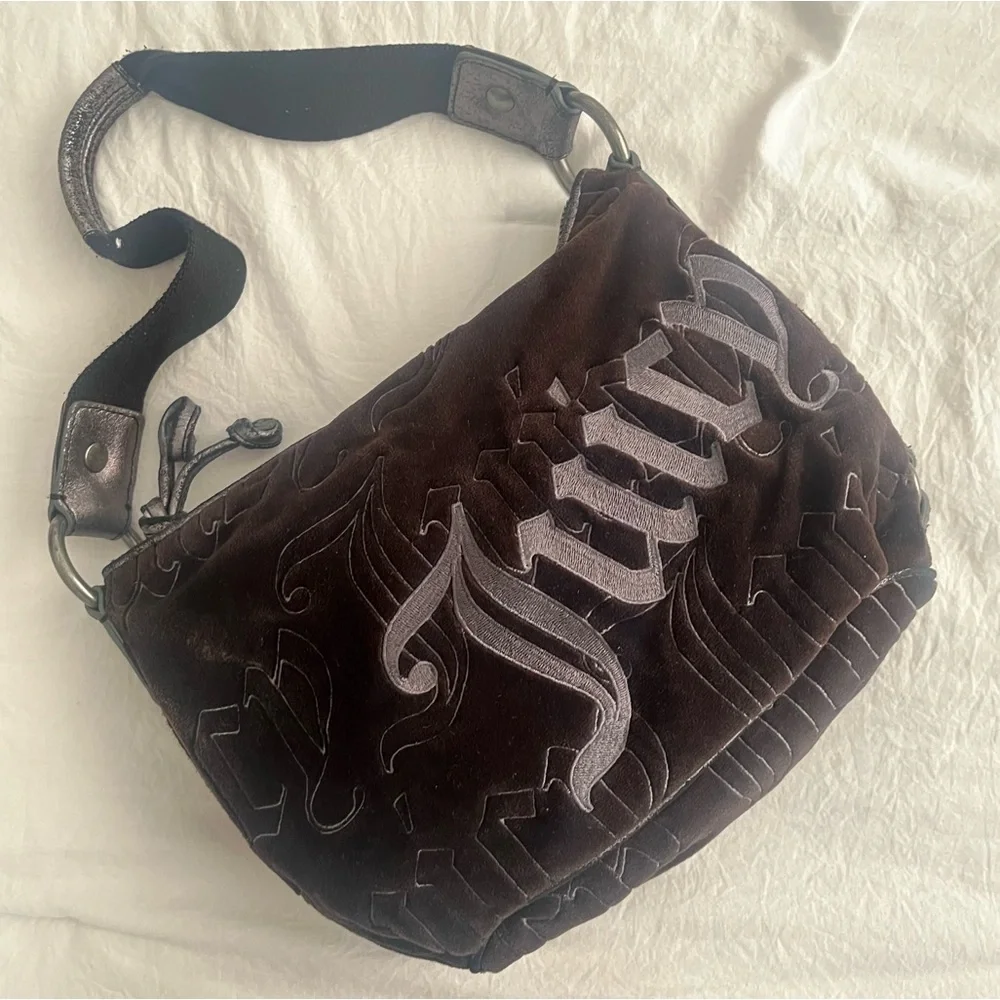 Juicy Couture Vintage McBling Black Purse Hobo Bag Handbag Velour Y2K - Picture 2 of 10